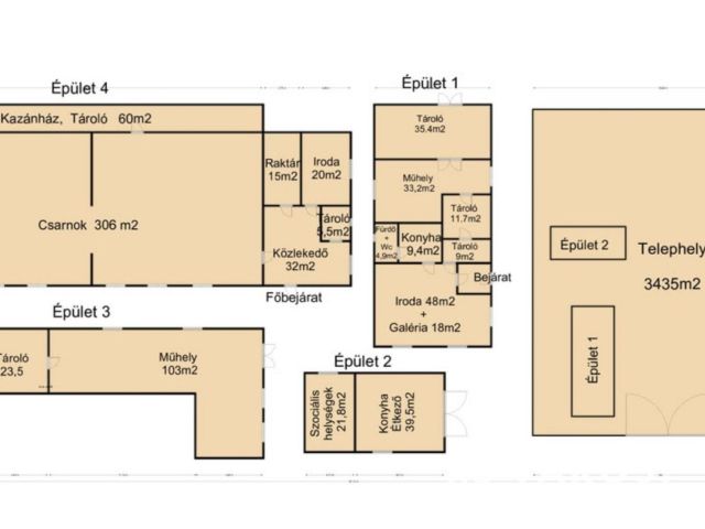 Kiadó telephely kisebb-nagyobb épületei